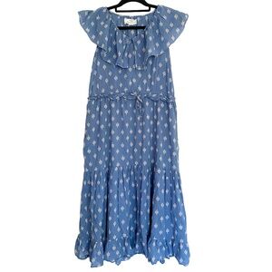 TROVATA Birds of Paradise Floral Ruffled Tiered Long Maxi Dress Pockets Blue XS